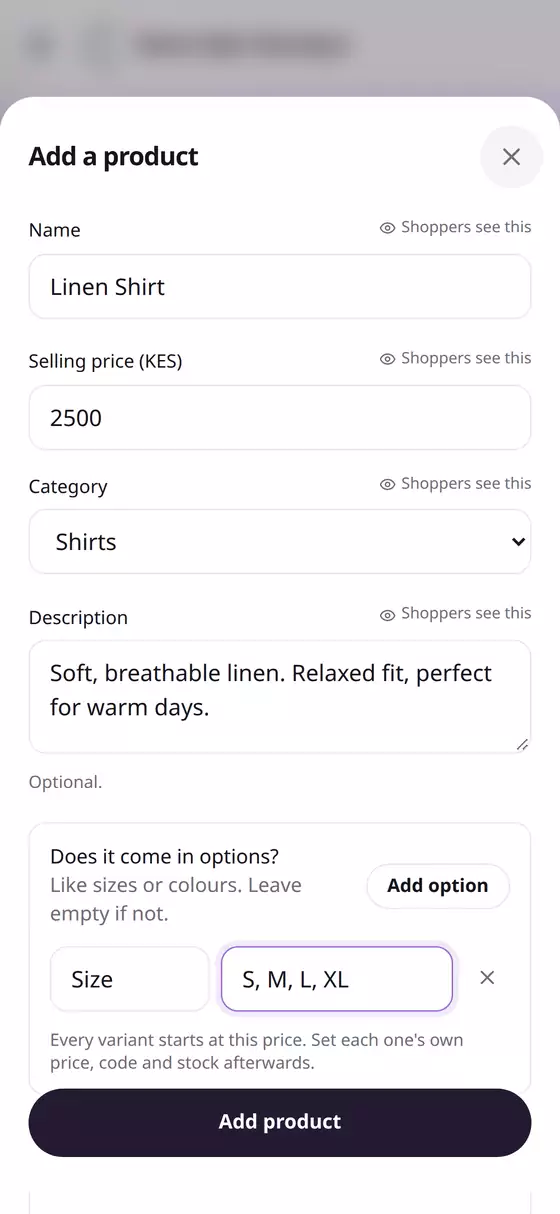 Sizes added as options