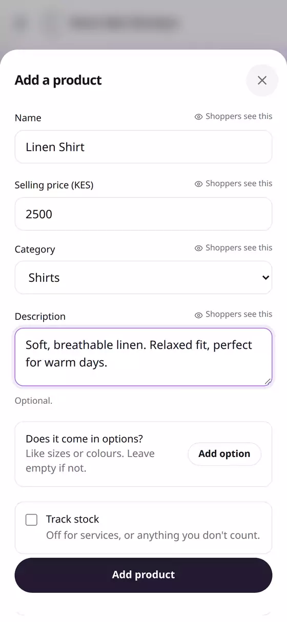 Name, price, category and description