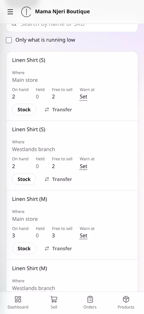 Stock at each location