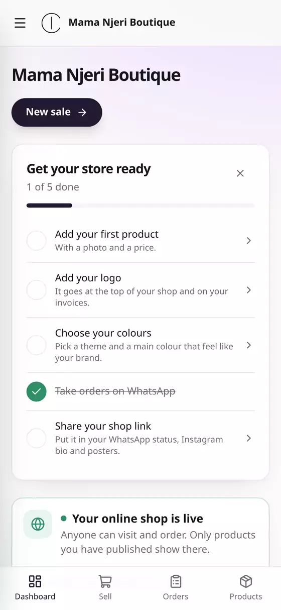 The new store's dashboard
