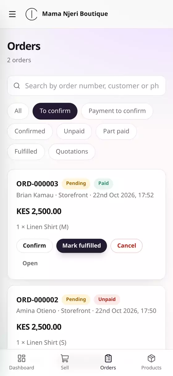 Orders to confirm