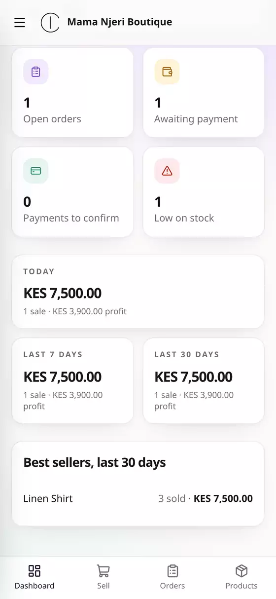 An open order on the dashboard