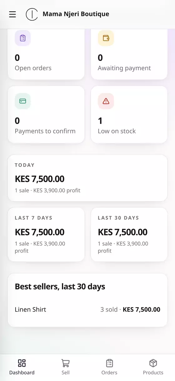 Today's takings on the dashboard