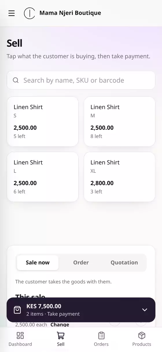 Items added, with the total bar