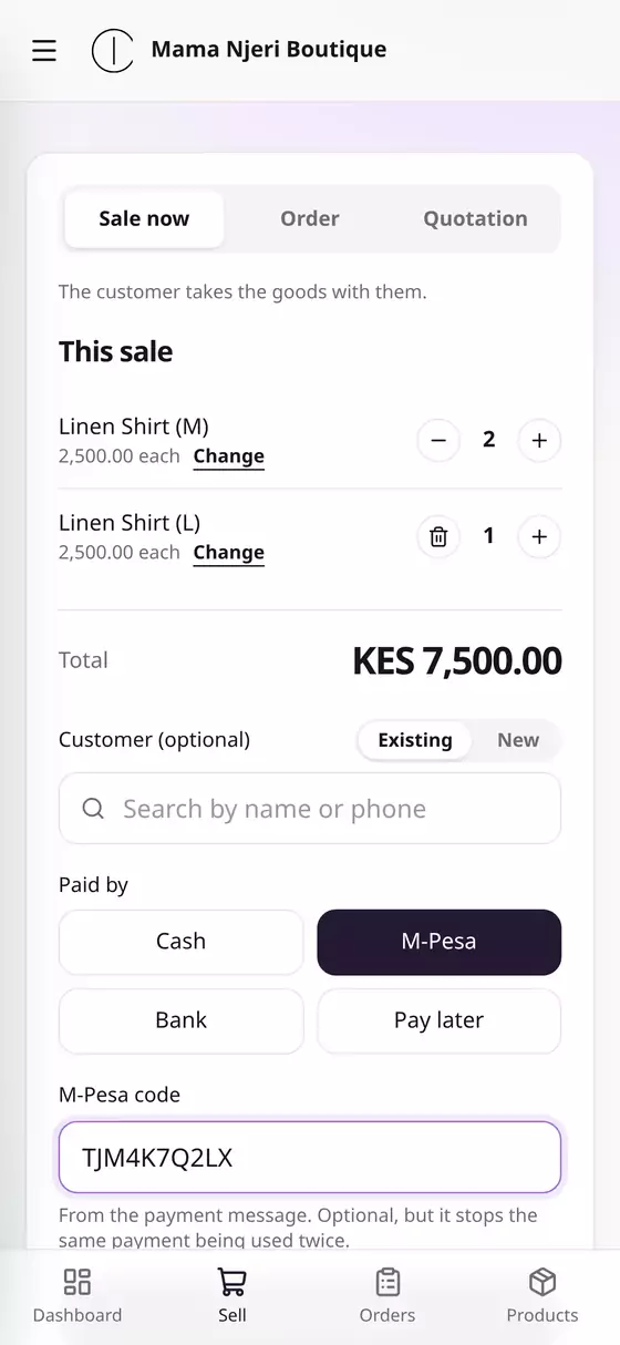 Paid by M-Pesa with its code